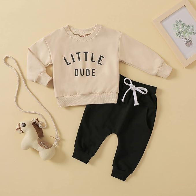 Newborn Baby Boy Fall Clothes Long Sleeve Little Dude Print Sweatshirt Top Long Pants Set Cute Toddler Winter Outfit for 0-6 Months baby