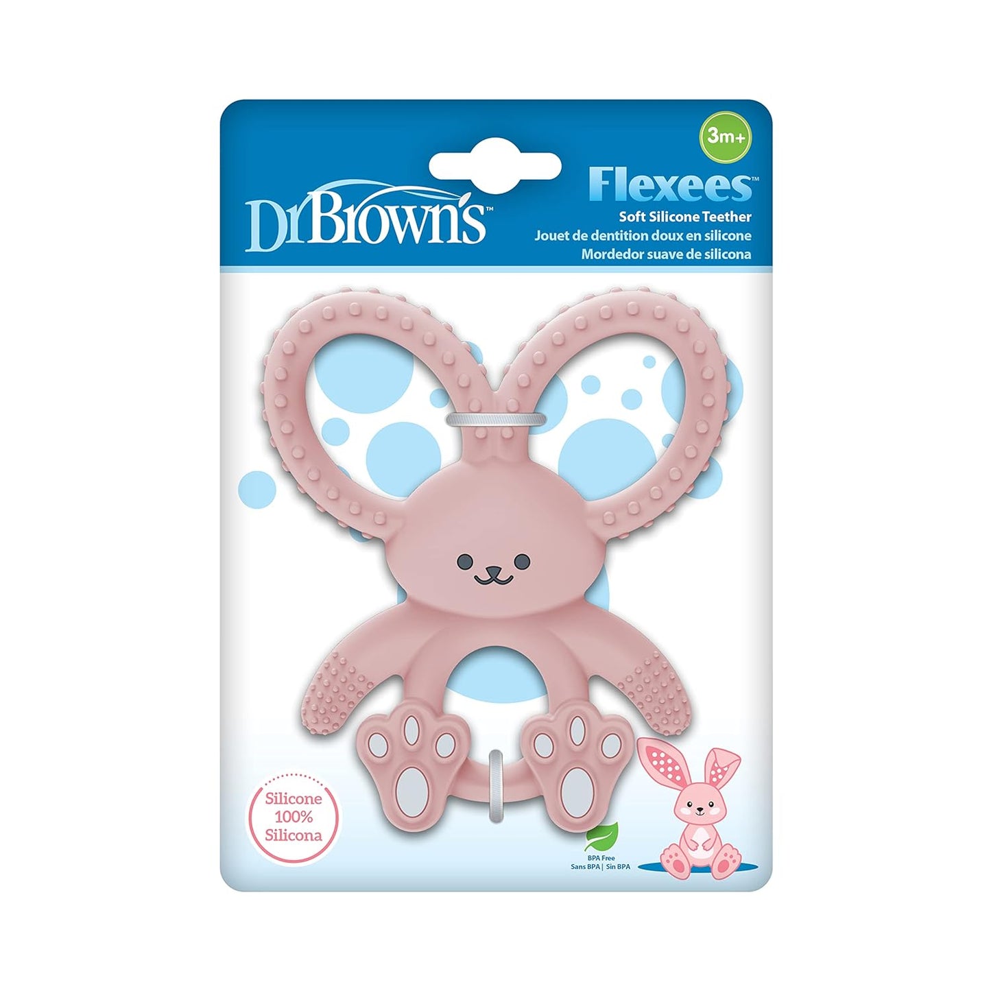 Dr. Brown's Flexees Pink Bunny, Soft 100% Silicone Baby Teether, BPA Free, 3m+