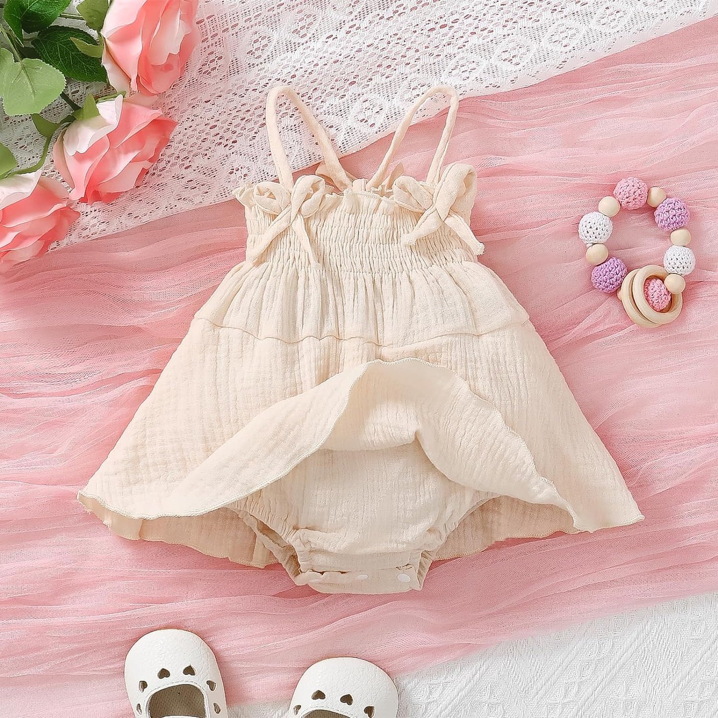 Infant Baby Girl Sleeveless Strap Romper Dress One Piece Newborn Solid Color Linen Bodysuit Summer Outfit for  0-3 Months 0-3 Months