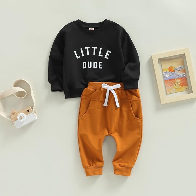 Newborn Baby Boy Fall Clothes Long Sleeve Little Dude Print Sweatshirt Top Long Pants Set Cute Toddler Winter Outfit for 0-6 Months baby